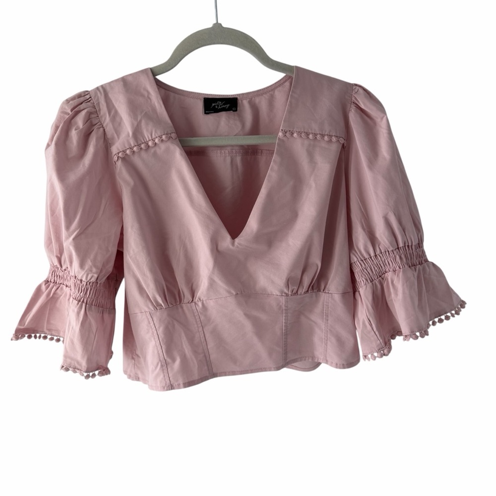 Milk & Honey Cottagecore Fairy Summer V-Neck Blouse Ruffle Sleeves Lace Details